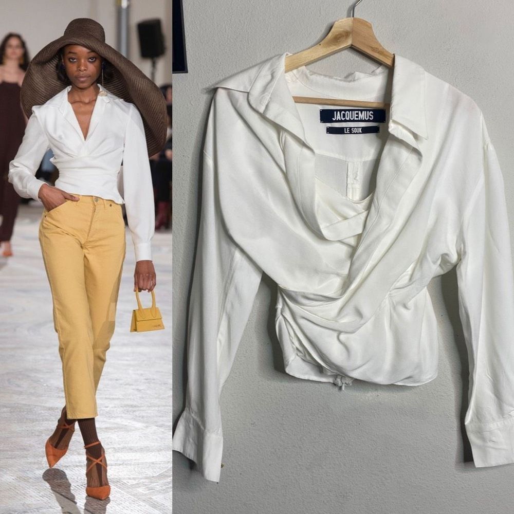Jacquemus Blouse Le Souk Ruched Long Sleeve White Top Size 34